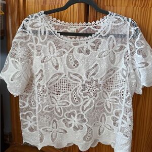 Ultra Pink White Floral Lace Short-Sleeve Blouse